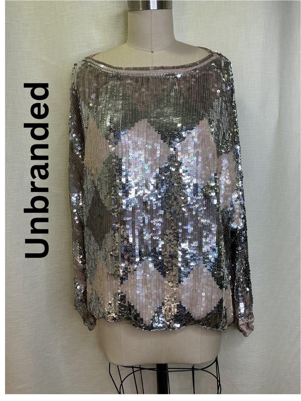 Unbranded Silk Sequin Top Large Gold Sheer Long Sleeve Party Blouse